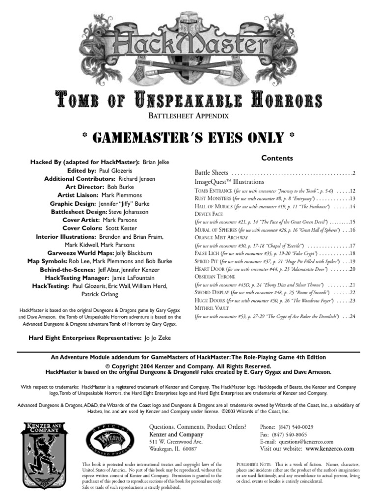 Hackmaster Tomb of Unspeakable Horrors Battlesheet Appendix | PDF ...