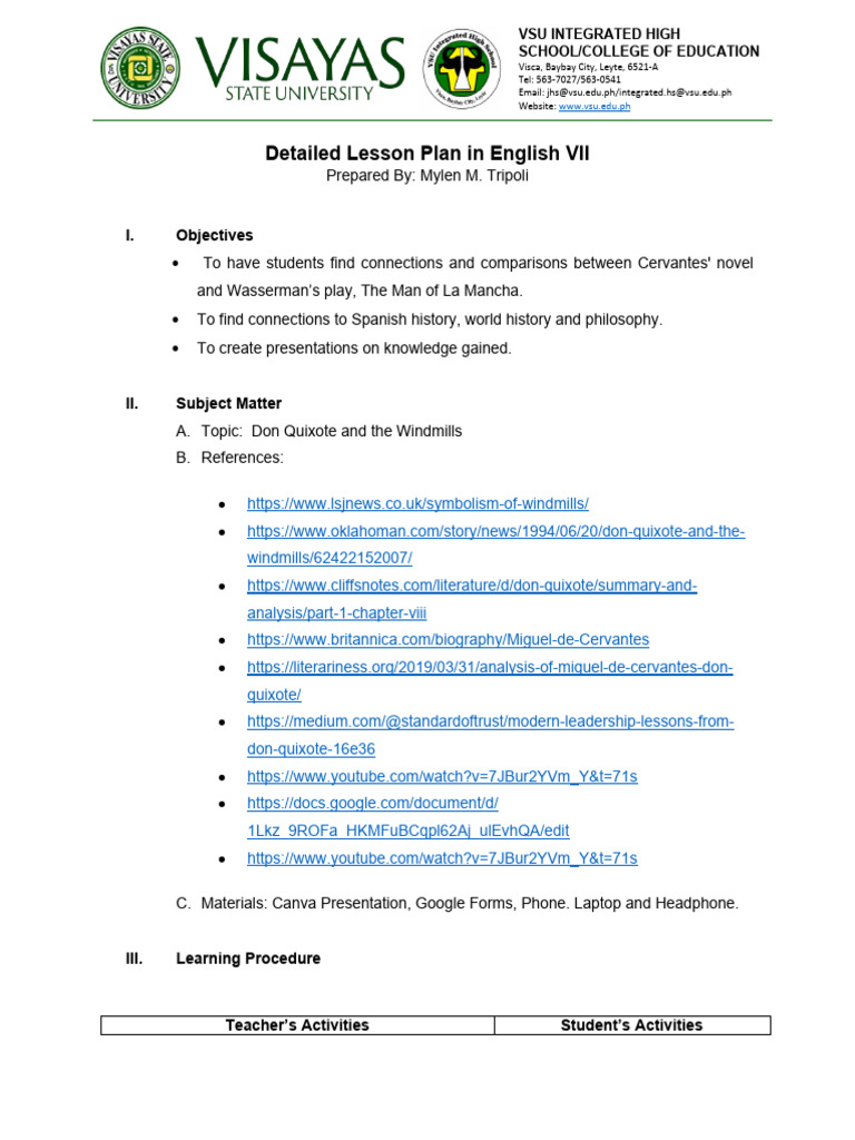 Don Quixote Lesson Plan for English VII | PDF | Don Quixote