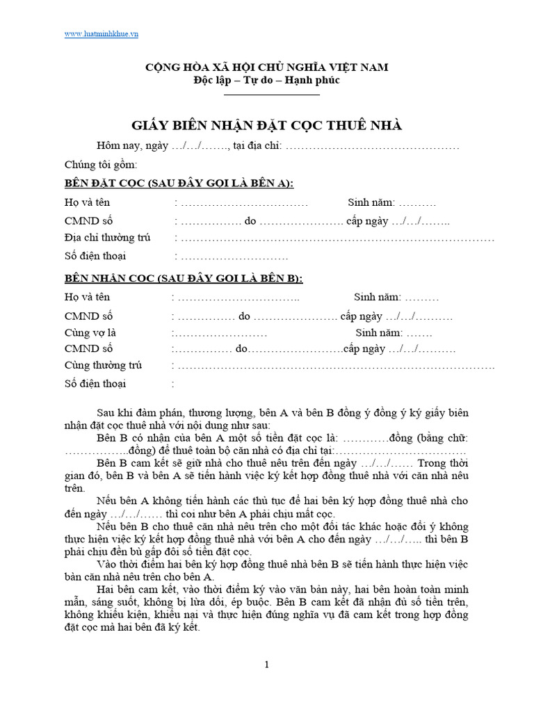 Mau Giay Bien Nhan Dat Coc Tien Thue Nha | PDF