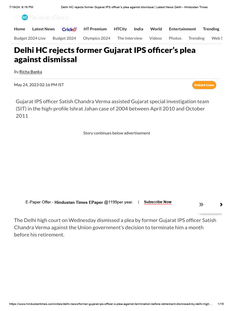 delhi-hc-rejects-former-gujarat-ips-officer-s-plea-against-dismissal