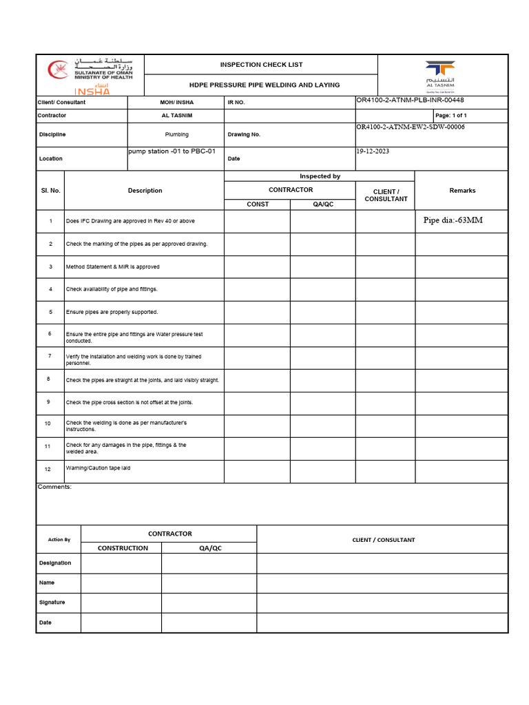 HDPE Pipe Inspection Checklist | PDF | Pipe (Fluid Conveyance ...