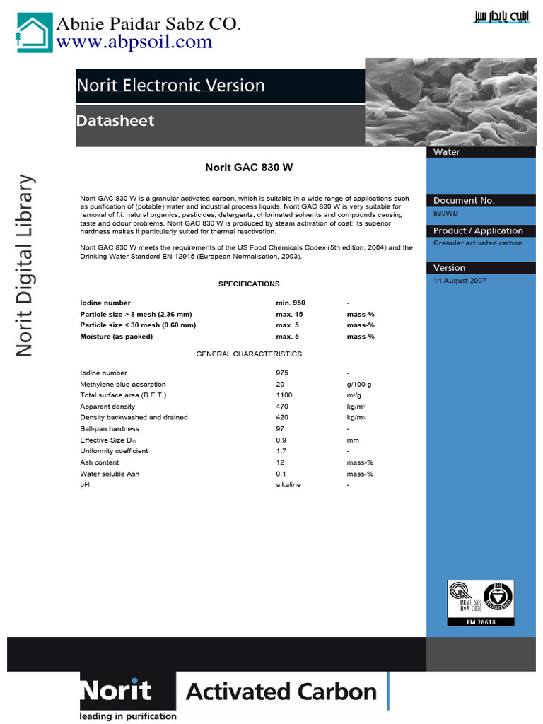 Norit GAC 830 W Datasheet | PDF | Chemistry | Chemical Substances
