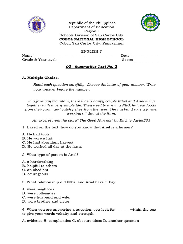 English 7 Q3 Summative Test No. 2 | PDF | Wellness