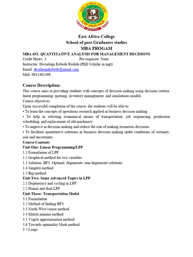 MBA Quantitative Analysis Course | PDF | Linear Programming | Algorithms