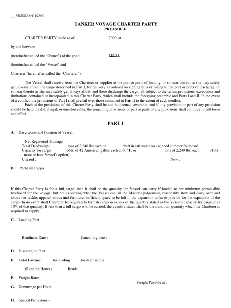 Vegoilvoy Tanker Charter Party Agreement | PDF | Bill Of Lading | Cargo