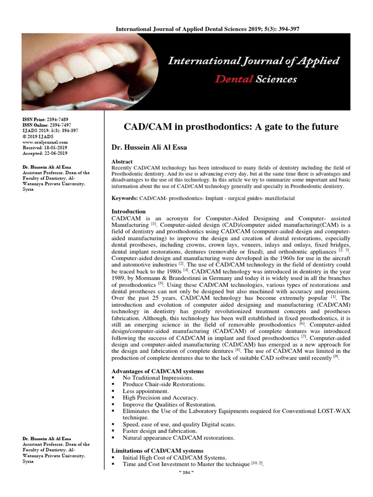 CAD CAM in Prosthodontics | PDF | Dentistry | Mouth