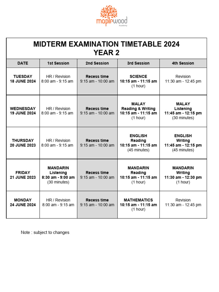 Year 2 Midterm Examination Timetable 2024 PDF