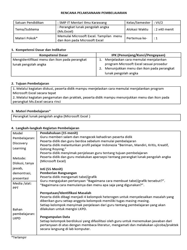 Rencana Pembelajaran Ms. Excel Kelas VII | PDF