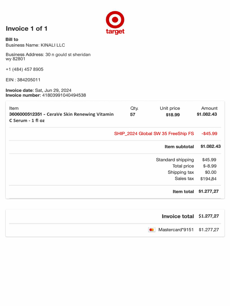 CeraVe Invoice for KINALI LLC | PDF