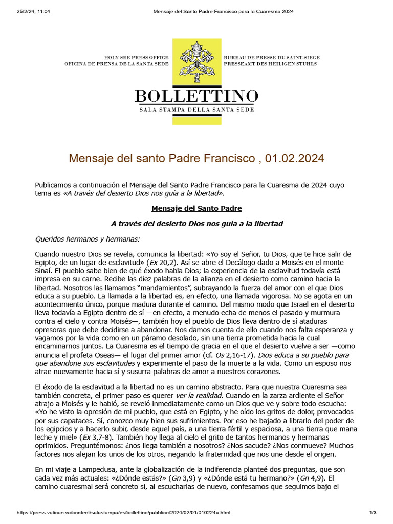 Mensaje Del Santo Padre Francisco Para La Cuaresma 2024 Pdf Moisés