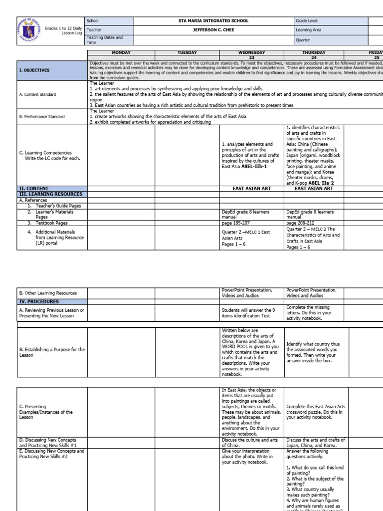 East Asian Art Lesson Plan for Grades 1-12 | PDF | Learning | Multiple ...