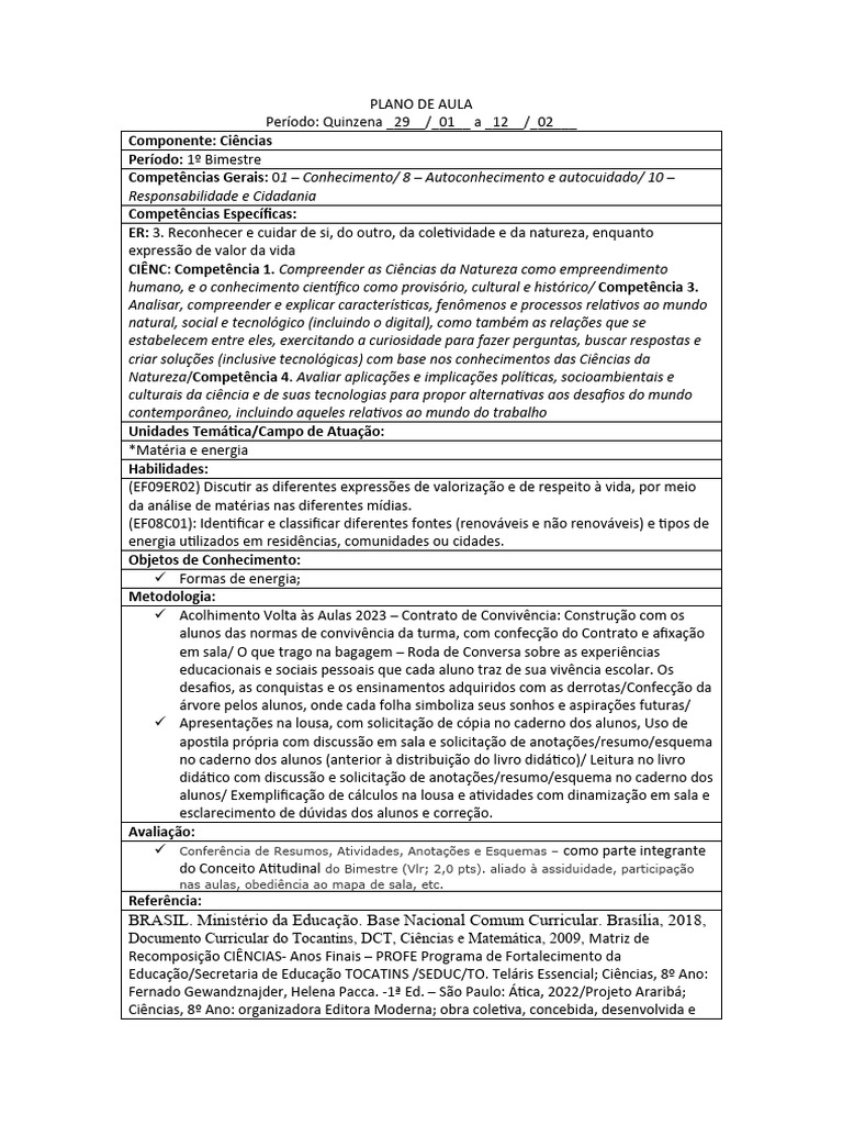 Plano de Aula de Ciências: 1º Bimestre | PDF | Science | Conhecimento