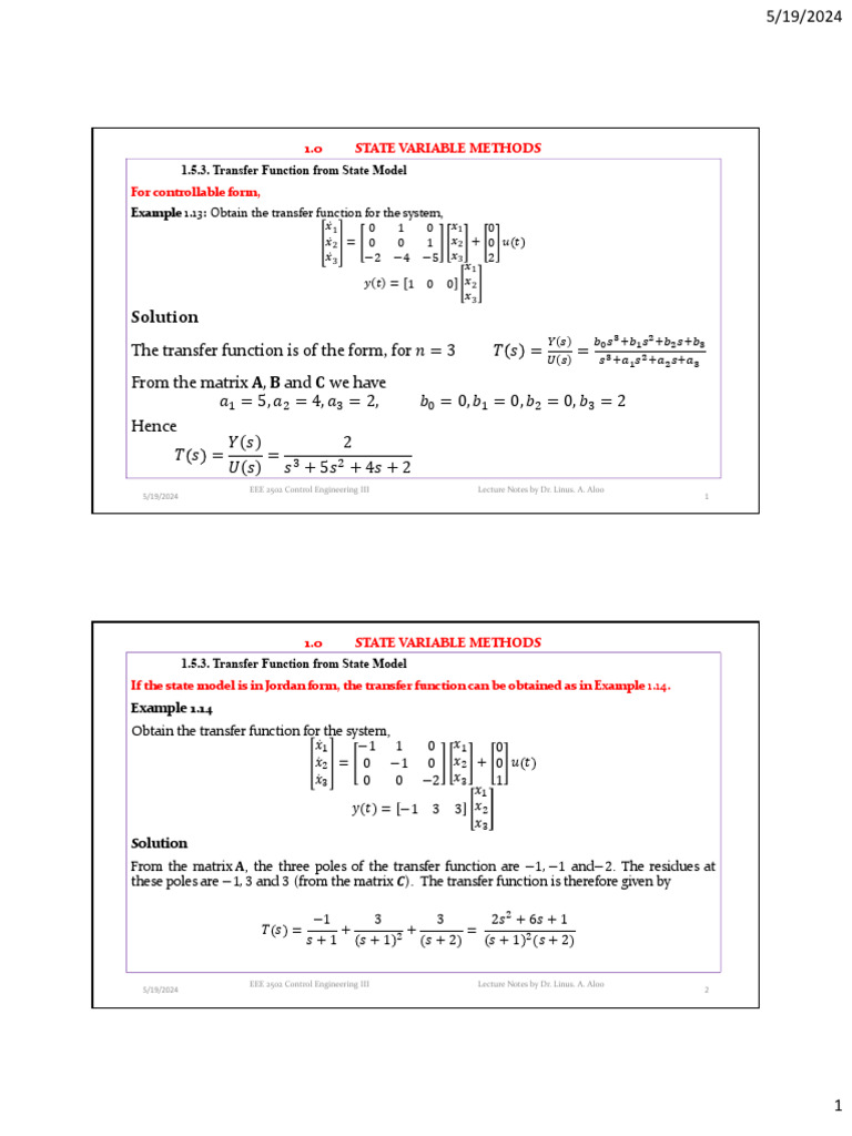 Transfer Functions from State Models | PDF | Eigenvalues And ...