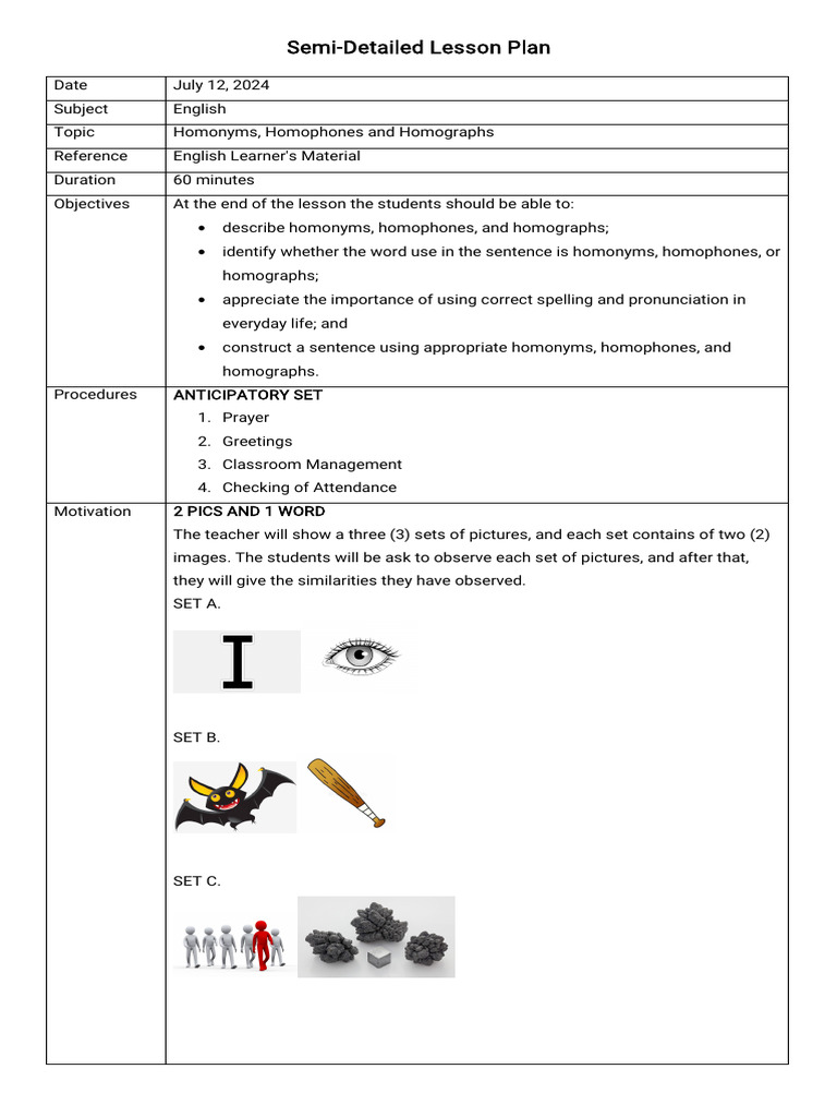 Lesson Plan on Homonyms and Homophones | PDF | Linguistics | Human ...