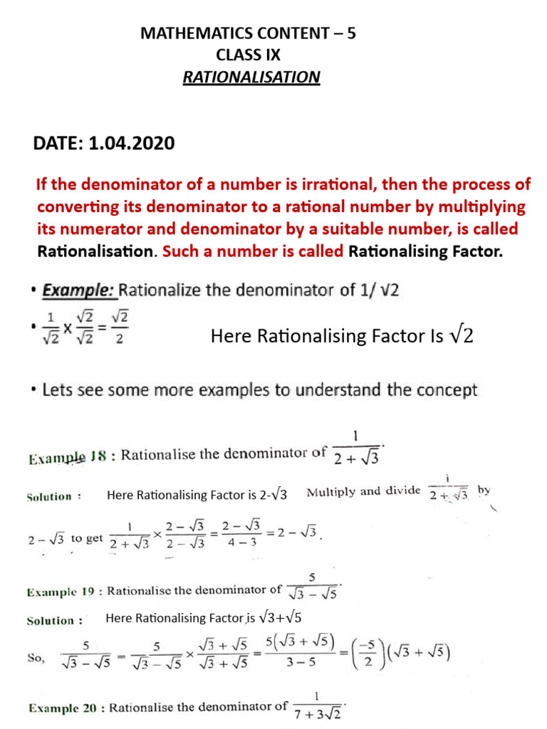 Rationalisation in Class 9 Maths | PDF