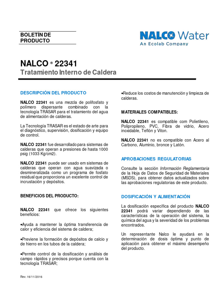 NALCO 22341: Tratamiento de Calderas | PDF | Materiales