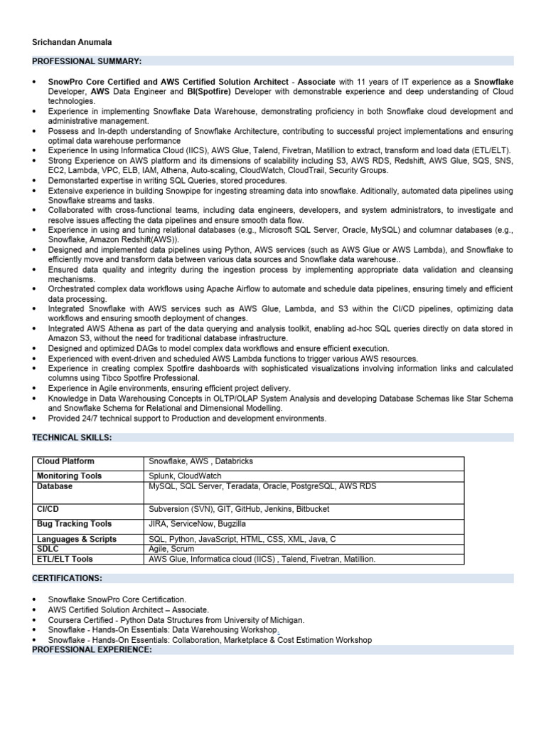 Senior Snowflake & AWS Data Engineer Resume | PDF | Amazon Web Services ...