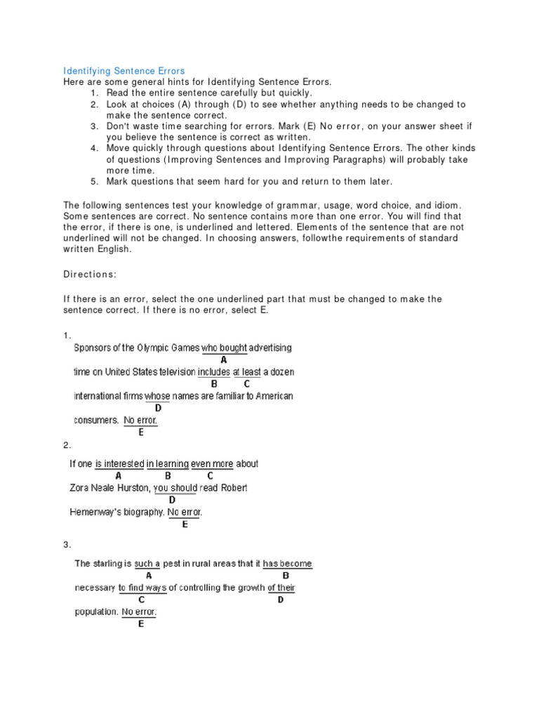Tips for Identifying Sentence Errors | PDF | Career & Growth | Language ...