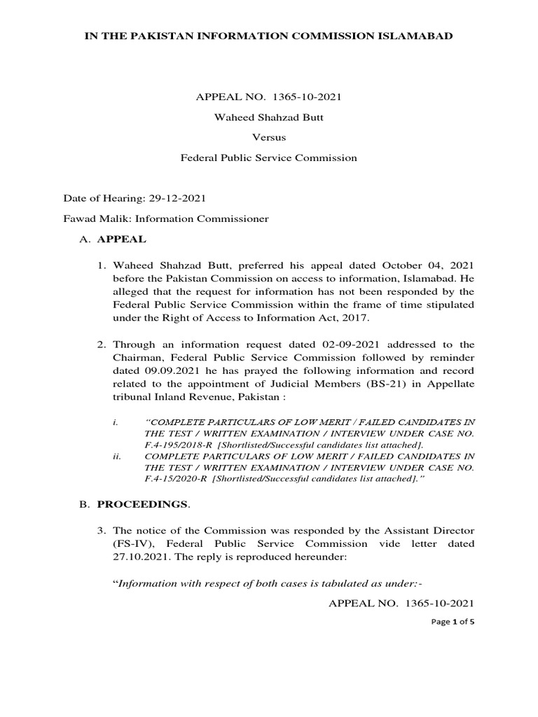 Waheed Butt Vs FPSC | PDF | Constitution | Privacy