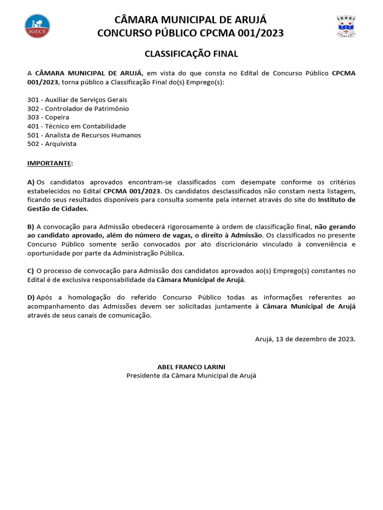 Classificação Final Concurso CPCMA 2023 | PDF | Administração pública ...