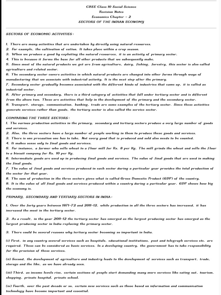Sectors of Indian Economy Notes 10th | PDF