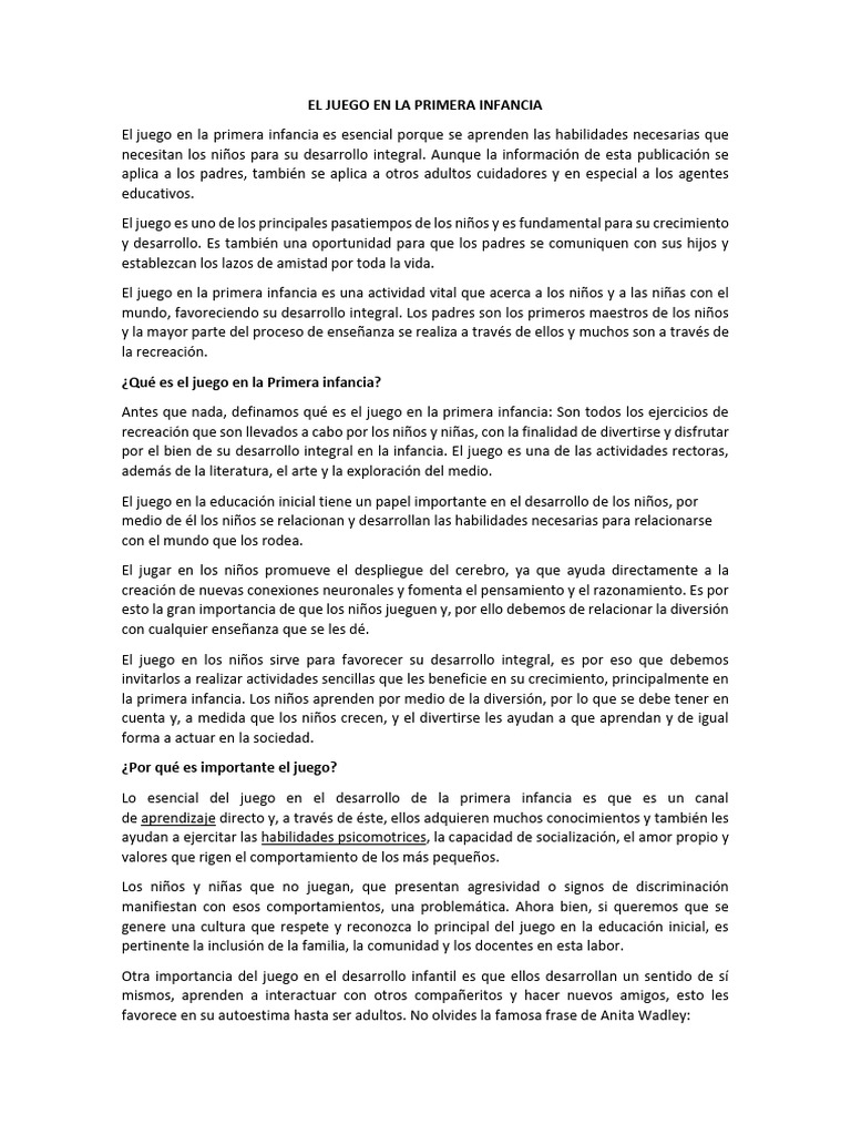 EL JUEGO EN LA PRIMERA INFANCIA | PDF | Autoestima | Enseñando