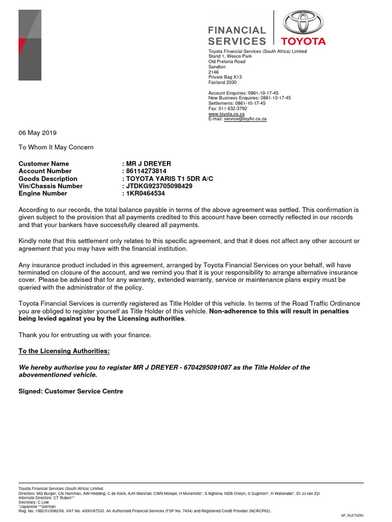 Toyota Finance Settlement Confirmation | PDF | Economies | Business