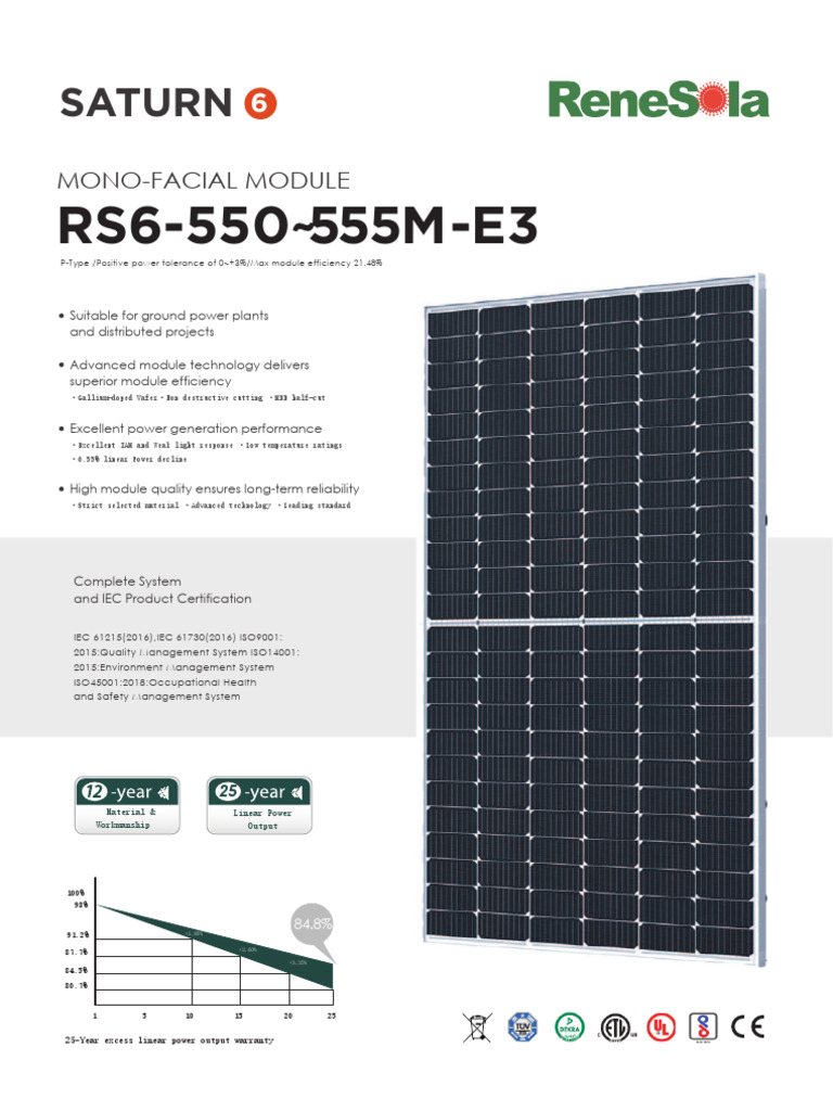 PAINEL SOLAR RENESOLA 555W (1) | PDF | Electrical Engineering | Electricity