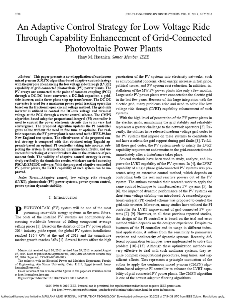 An Adaptive Control Strategy For Low Voltage Ride Through Capability ...