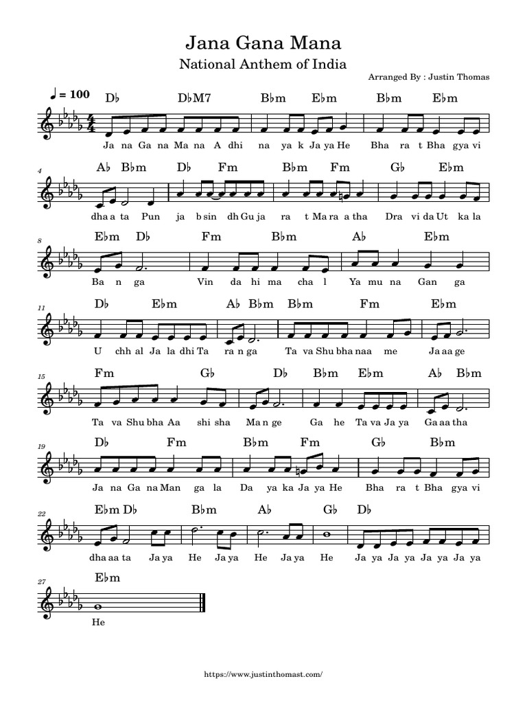 Jana Gana Mana Indian National Anthem Db Major Scale Pdf