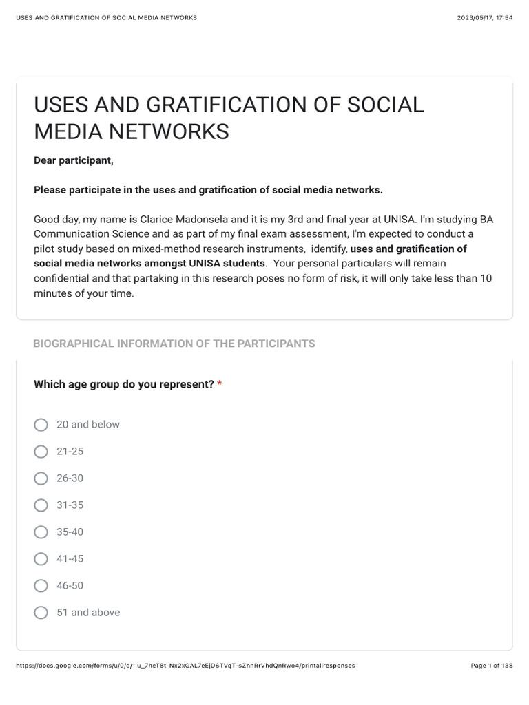 Uses and Gratification of Social Media Networks Responses | PDF ...