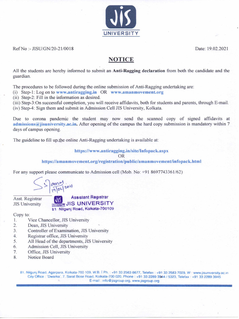 Notice Anti Ragging Declaration | PDF