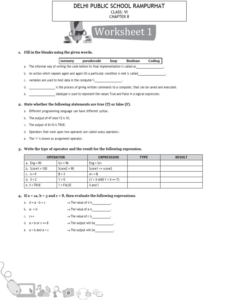 Class 6 computer ch 8 worksheet pdf data type c programming