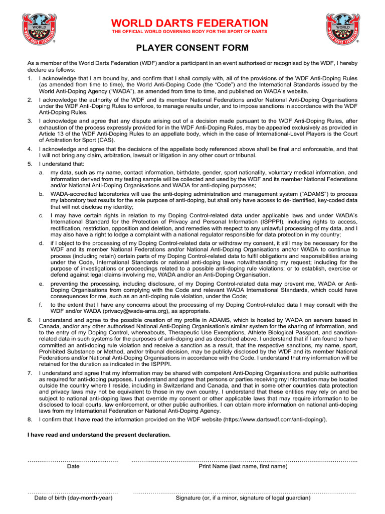 WDF Player Consent Form for Anti-Doping | PDF | Doping In Sport ...