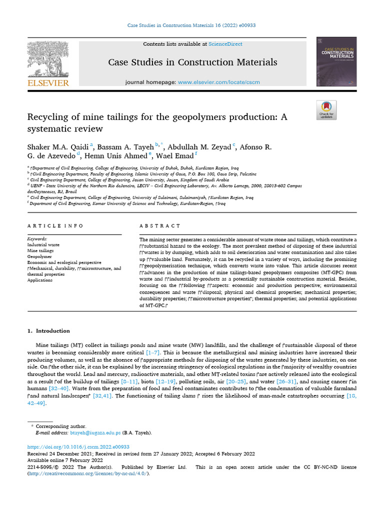 Recycling Mine Tailings for Geopolymers | PDF | Mining | Waste