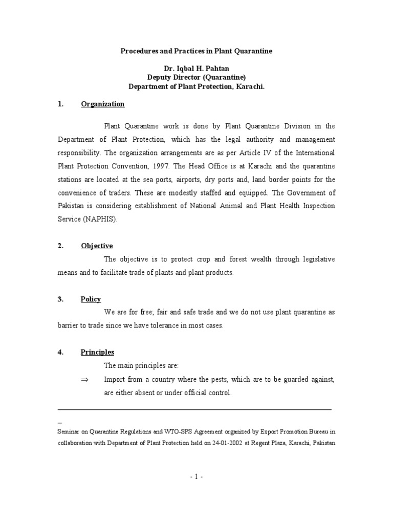 Procedures and Practices in Plant Quarantine Quarantine Rice