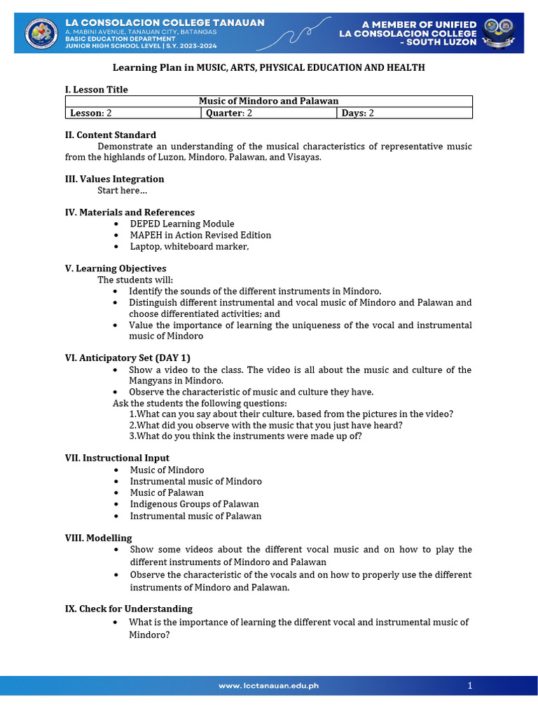 Mindoro and Palawan Music Lesson Plan | PDF | Cognition | Human ...