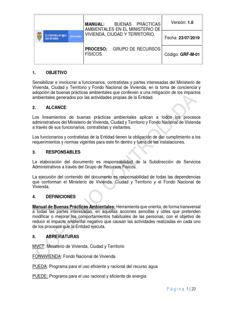 GRF-M-01 Manual de Buenas Prácticas Ambientales en El MVCT 1.0 | PDF ...