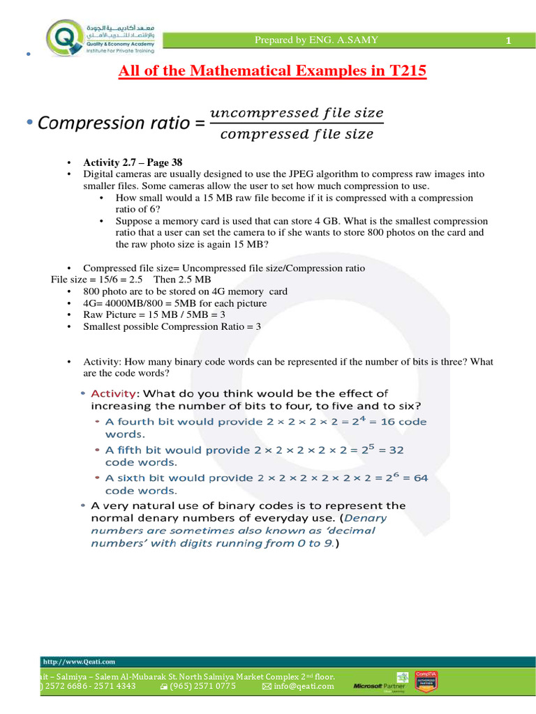 Mathematical Examples in T215 Document | PDF | Data Compression | Bit Rate