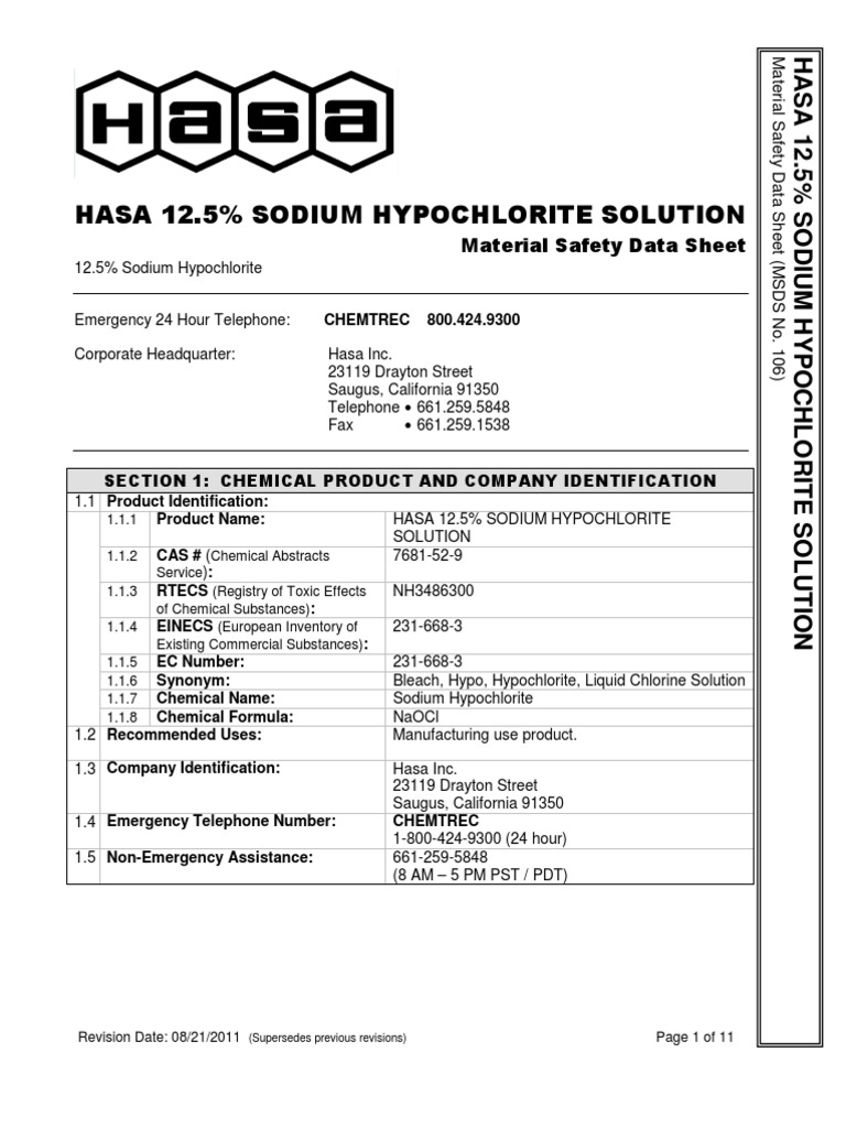HASA 12.5% Sodium Hypochlorite MSDS | PDF | Toxicity | Dangerous Goods
