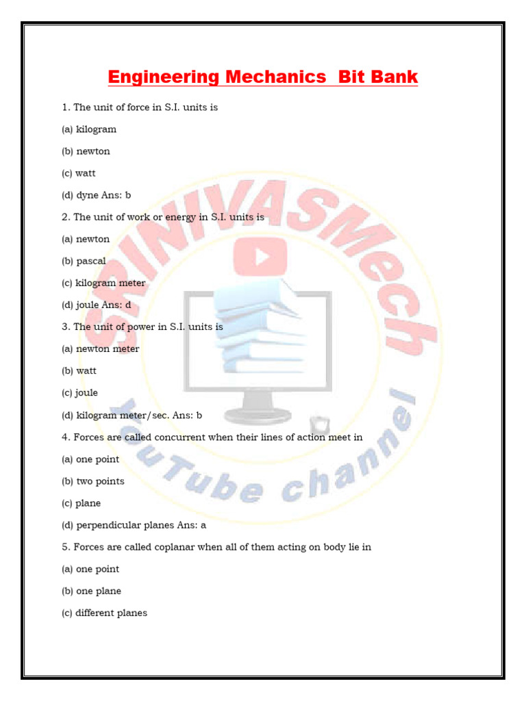 Engineering Mechanics Bit Bank | PDF | Force | Friction