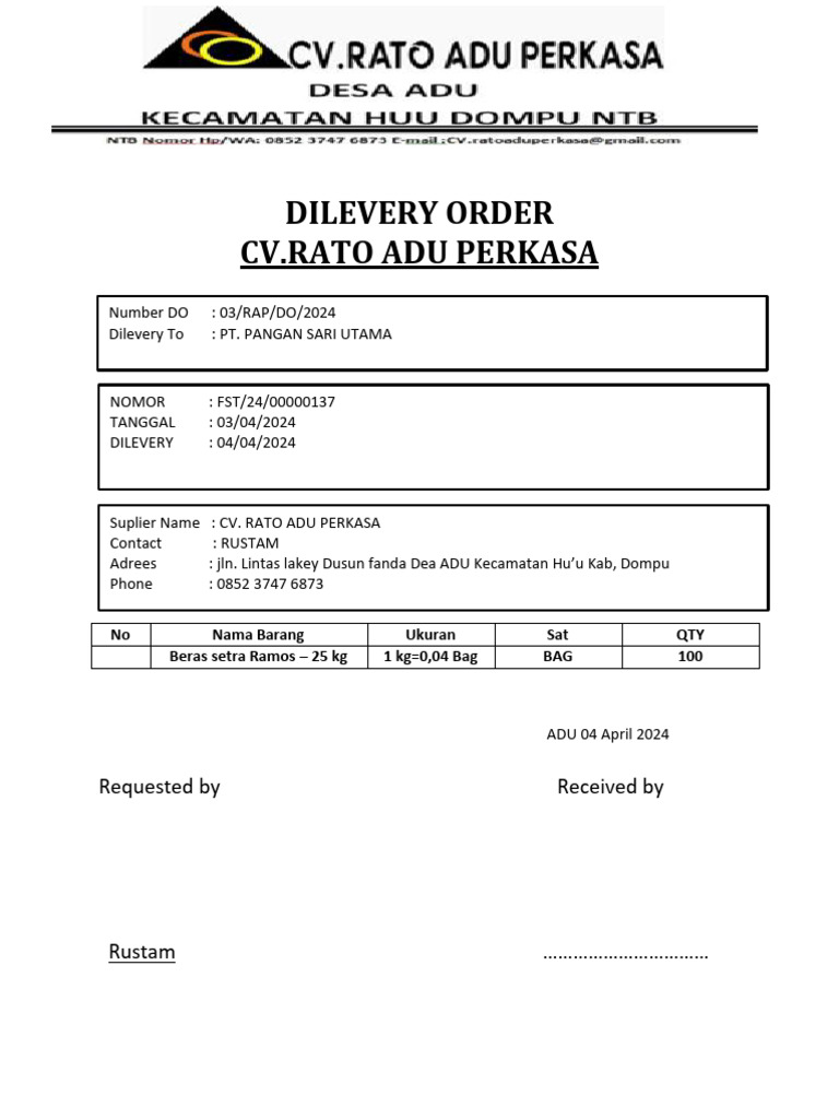 Dilevery Order CV - Rato Adu Perkasa | PDF