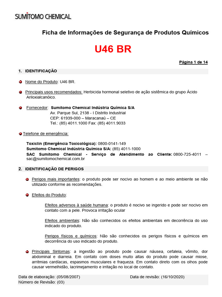 Ficha de Segurança do Herbicida U46 BR | PDF | Embalagem e rotulagem ...