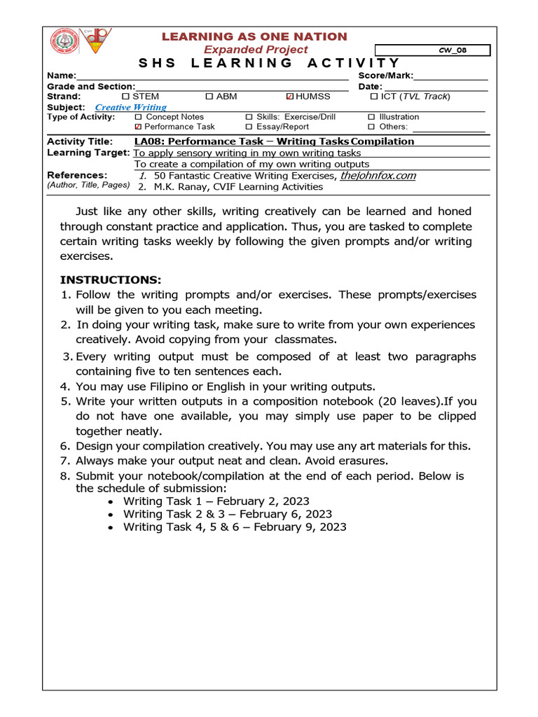 Creative Writing Performance Task Guide Pdf Cognitive Psychology