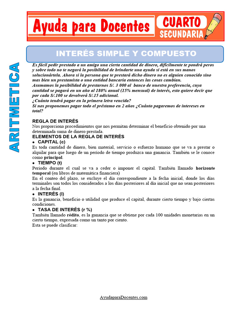 Interes Simple y Compuesto para Cuarto de Secundaria | PDF | Interés ...