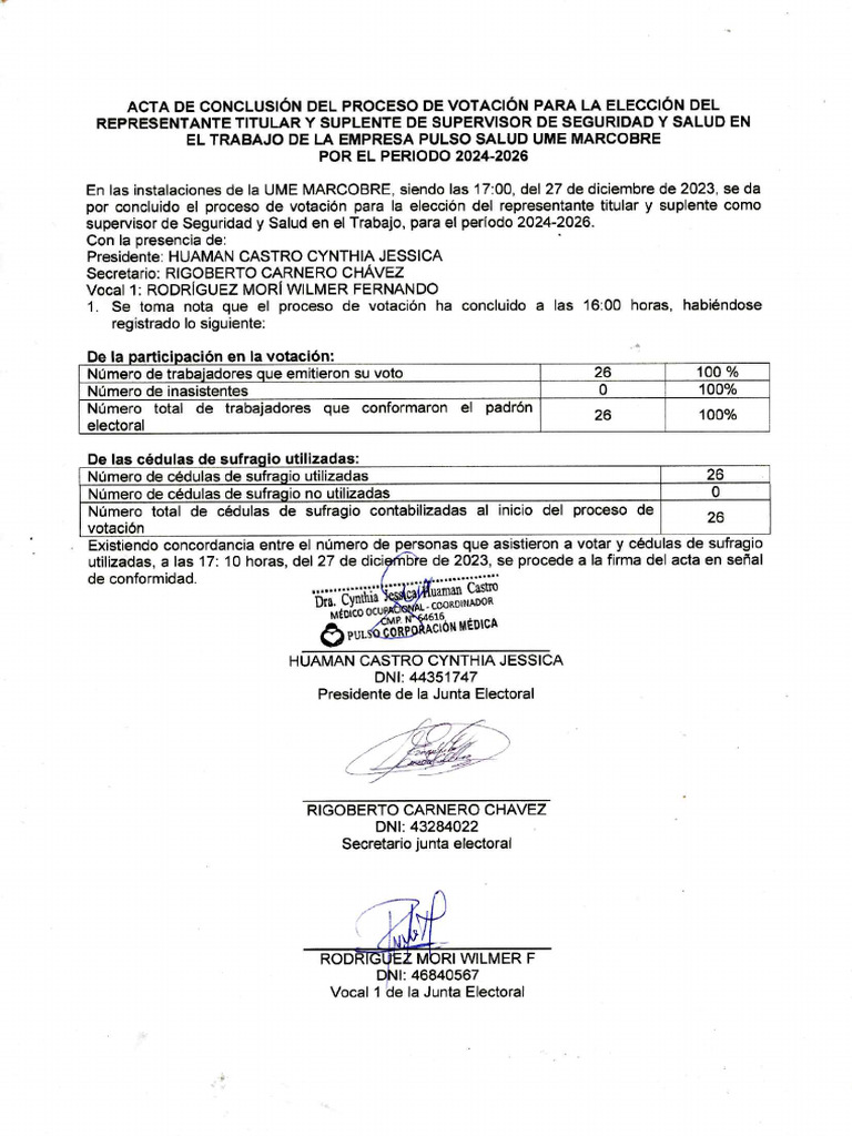 Acta de Conclusion Del Proceso de Votacion para Eleccion | PDF