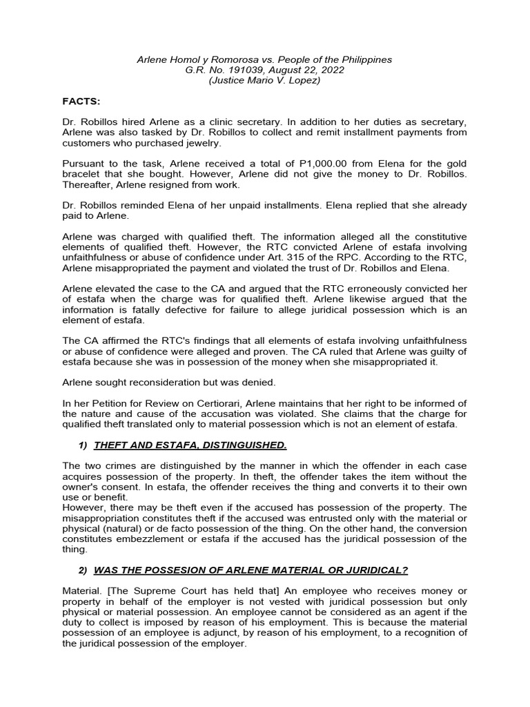 Homol v. People: Theft vs. Estafa | PDF | Theft | Fraud