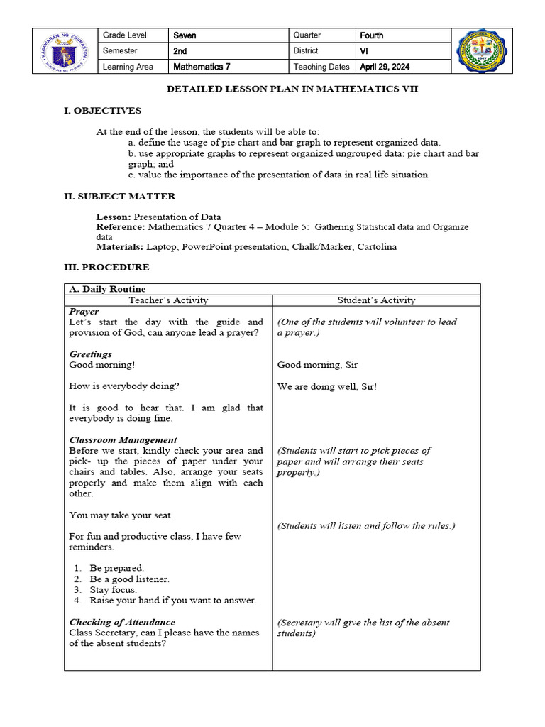 Detailed lesson plan in mathematics vii week 5 presentation of data