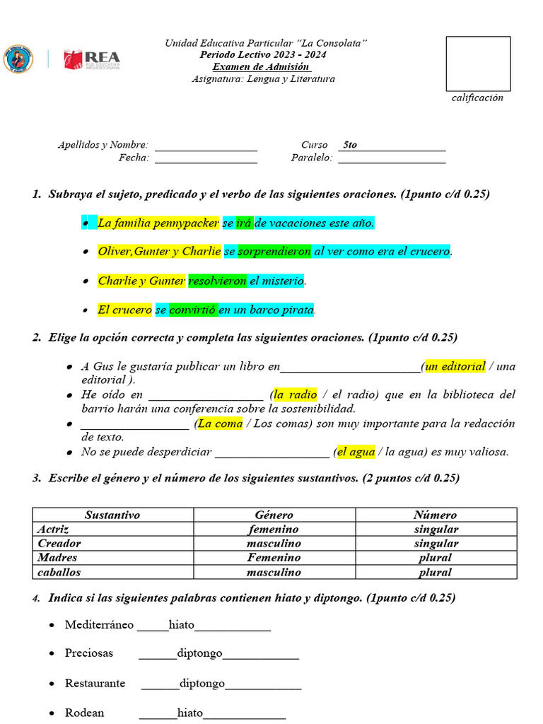 EXAMEN DE ADMISIÓN Resuelto LENGUA Y LITERATURA 5to | PDF | Sintaxis ...