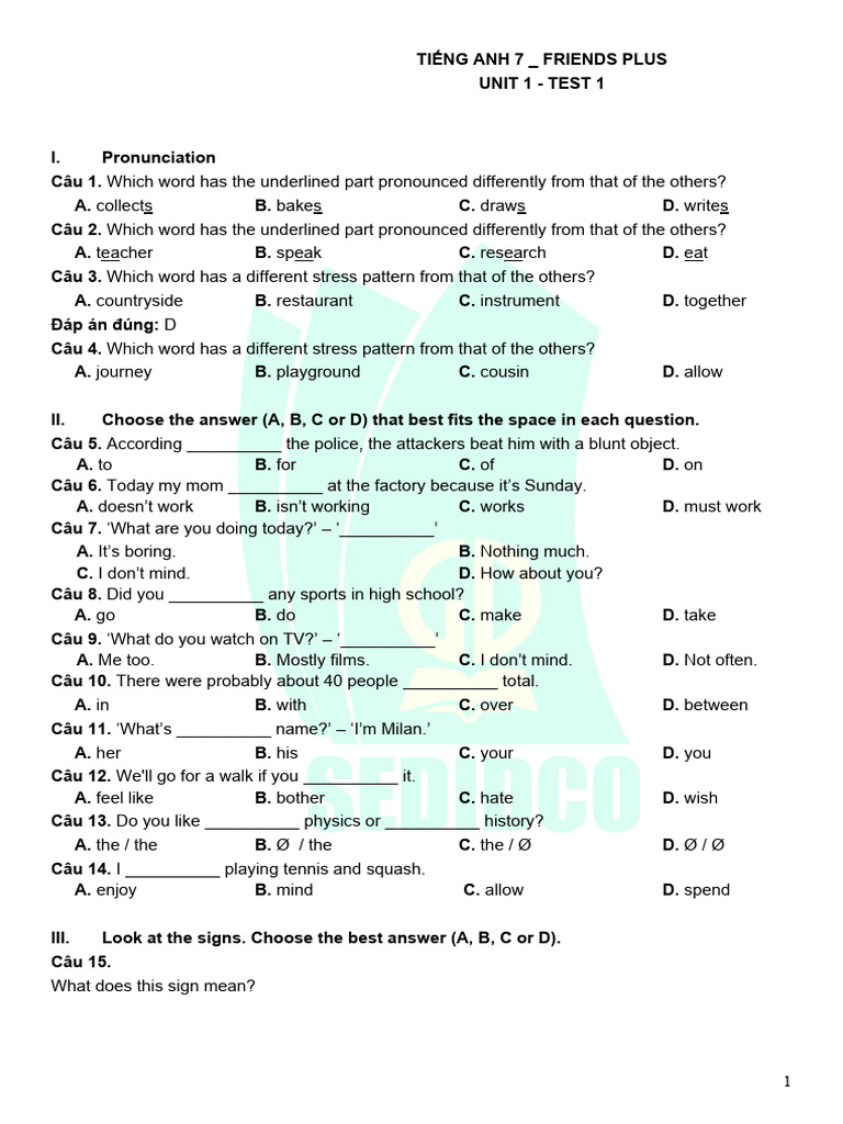 English Test for Grade 7 - Unit 1 | PDF | Noun | Part Of Speech